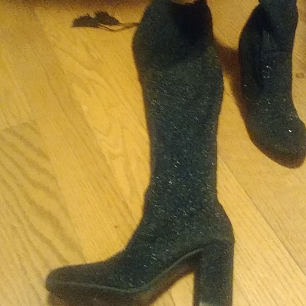 Boots, 7.5 black sparkly thigh high side zip 3 in block heel with tassel strings